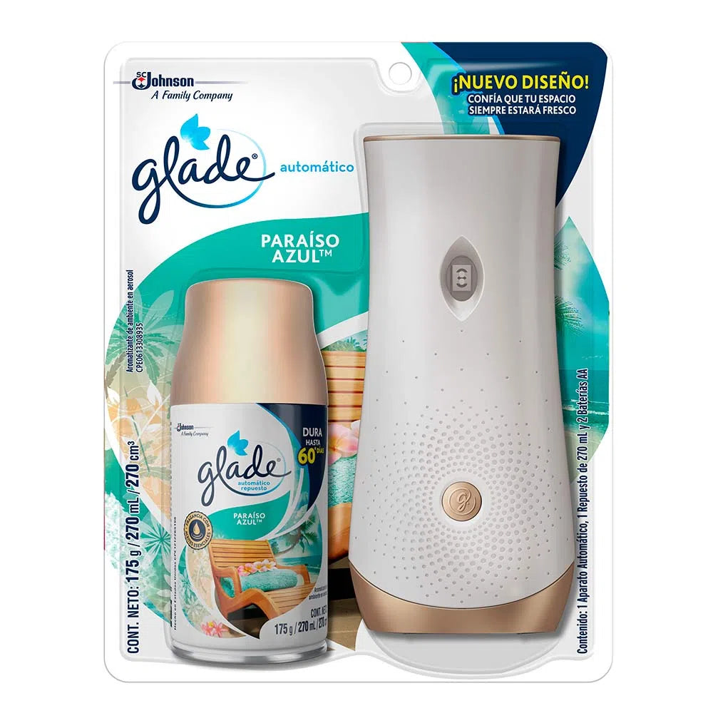 Ambientador Glade Automatico 270 ml + Aparato Paraiso Azul