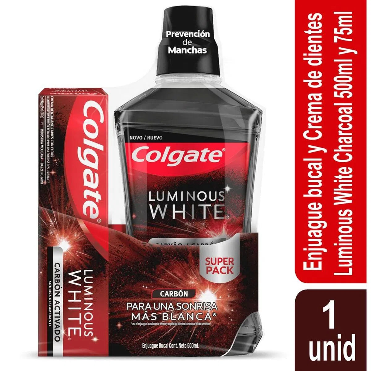 Enjuage Bucal Colgate 500 ml + Crema 75 ml Luminous White Carbon Activado