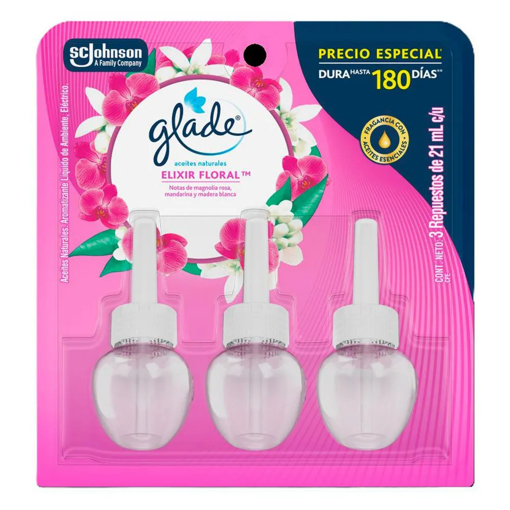 Ambientador Glade Electrico 3 Unidades Repuesto Elixir Floral 21ml Oferta