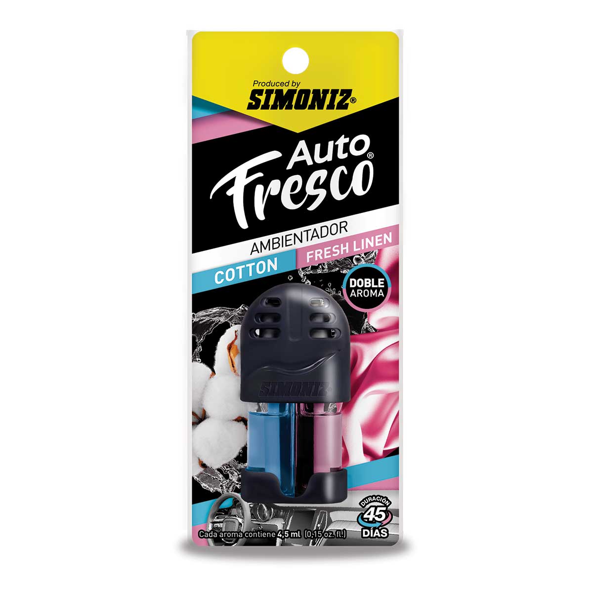 Ambientador Simoniz Auto Fresco Doble Aroma Cotton y Fresh Linen
