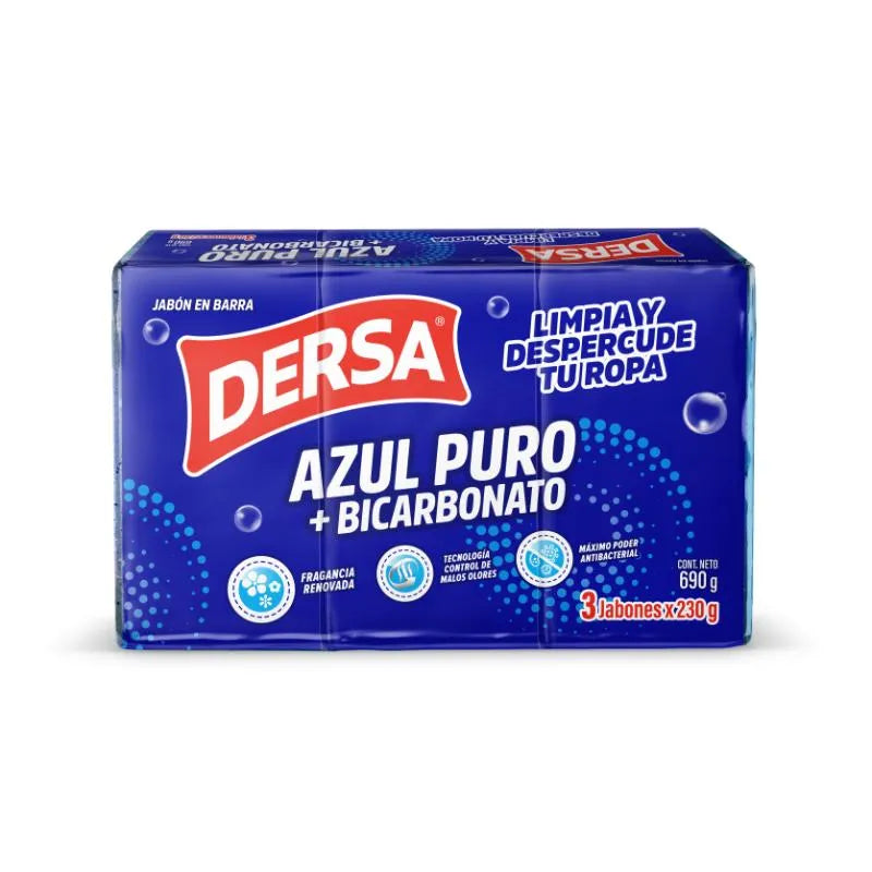 Jabon En Barra Dersa 230 gr Azul Puro + Bicarbonato 3 Unidades Oferta