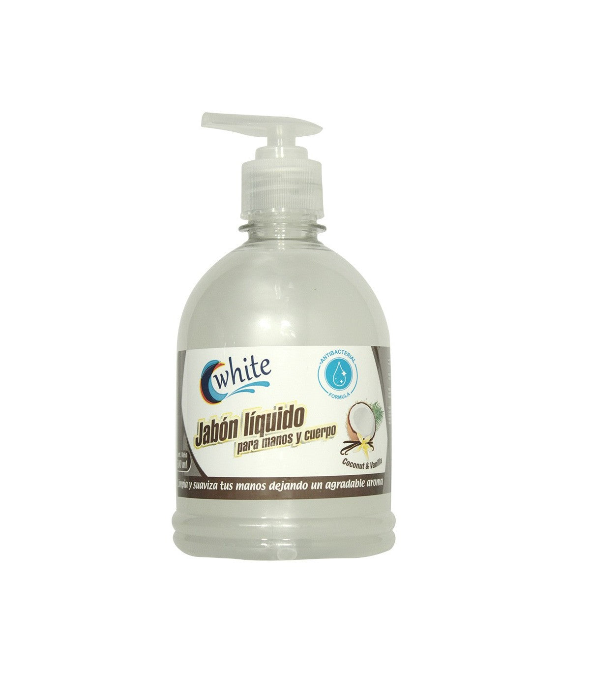Jabon Liquido Manos y Cuerpo White 500 ml Dispensador Coco Vainilla