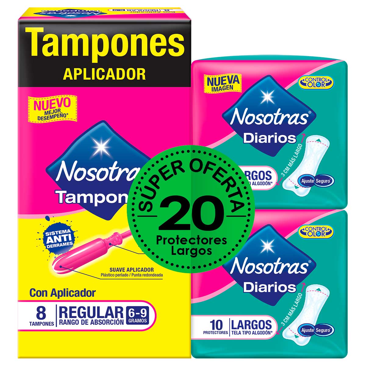 Tampon Nosotras Regular Con Aplicador 8 Unidades + Protectores Higienicos Nosotras Largos 20 Unidades Oferta