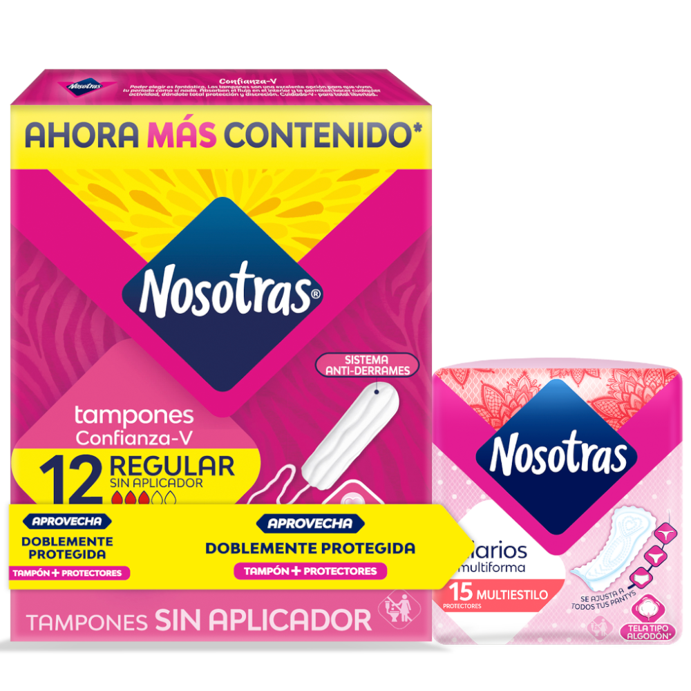 Tampon Nosotras Regular Sin Aplicador 12 Unidades + Protectores Higienicos Nosotras Multiestilo 15 Unidades Oferta