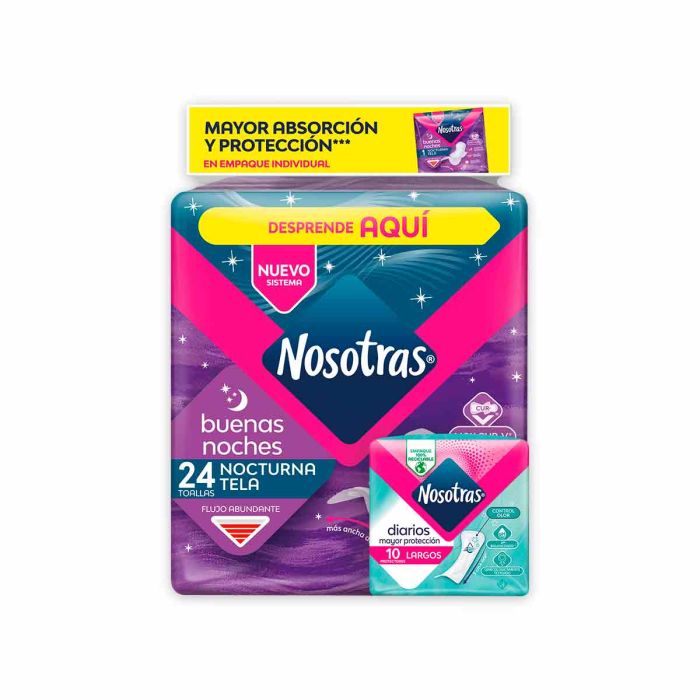 Toallas Higienicas Nosotras 24 Unidades Buenas Noches Nocturna + 10 Protectores Largos