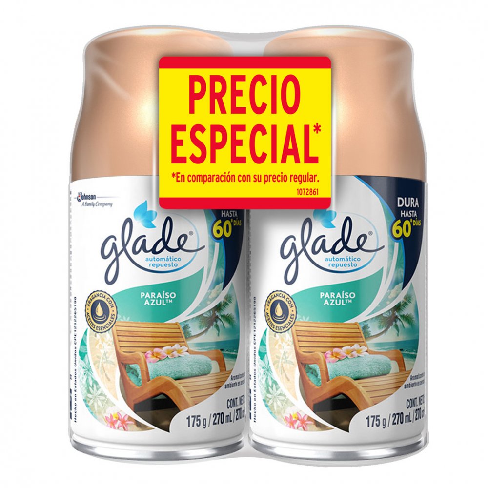 Ambientador Glade Automatico Repuesto 270 ml 2 Unidades Paraiso Azul Oferta