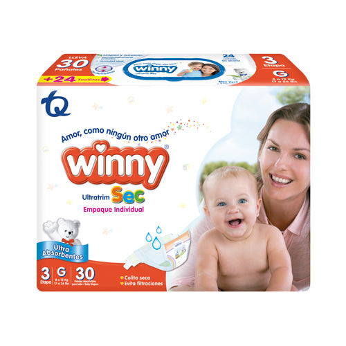 Pañal Winny Etapa 3 Ultratrim Sec 30 Unidades + Toallitas Humendas Oferta