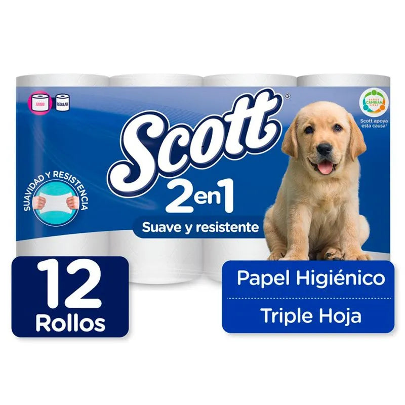 Papel Higienico Scott 2 en 1 Suave y Resistente 12 Rollos