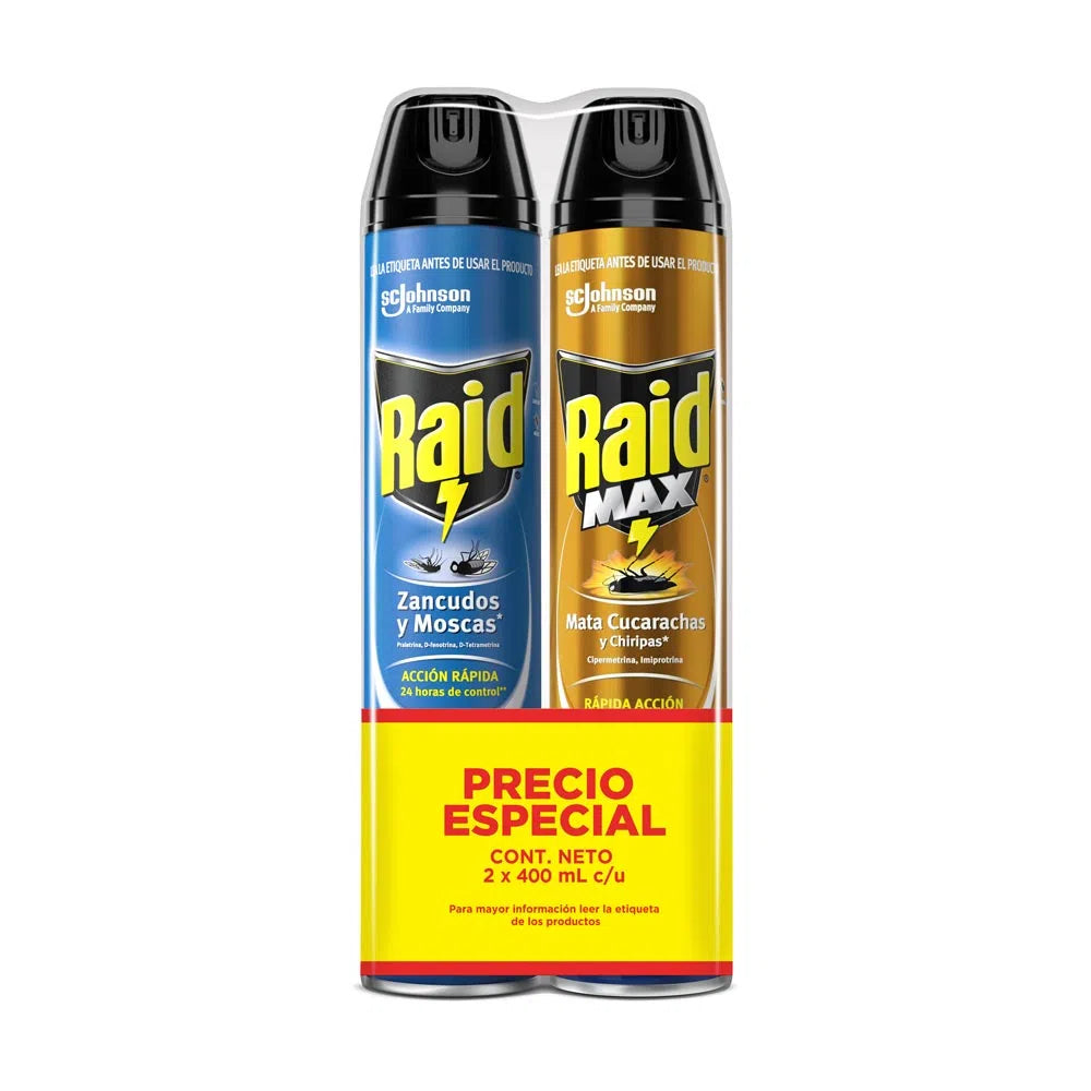 Insecticida Raid Aerosol 400 ml Zancudos Y Moscas + Insecticida Raid Max Aerosol 400 ml Cucarachas Oferta