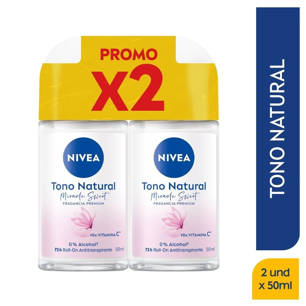 Desodorante Nivea Roll On Dama 50 ml Tono Natural 2 Unidades Oferta