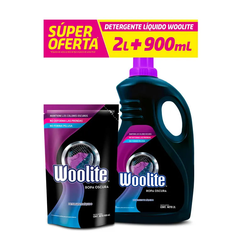 Detergente Liquido Woolite 2000 ml + 900 ml Ropa Oscura