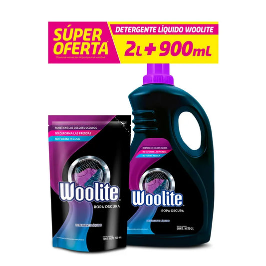 Detergente Liquido Woolite 2000 ml + 900 ml Ropa Oscura