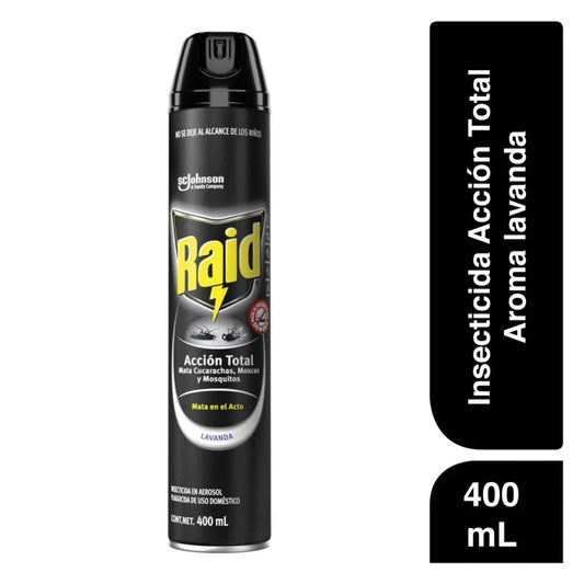Insecticida Raid Aerosol 400 ml Cucarachas y Moscas Accion Total