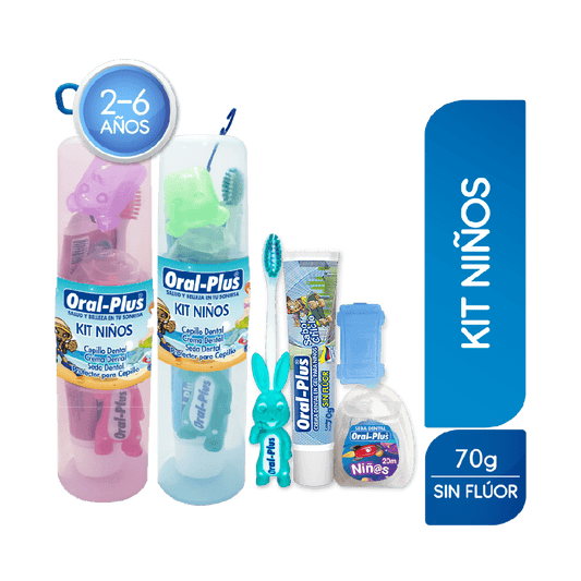 Kit Cepillo Dental Oral Plus Niños + Enjuague Bucal + Seda Dental + Protector