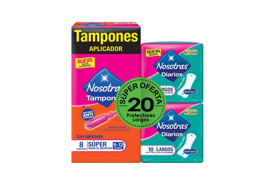 Tampon Nosotras Super Con Aplicador 8 Unidades + Protectores Higienicos Nosotras Largos 20 Unidades Oferta