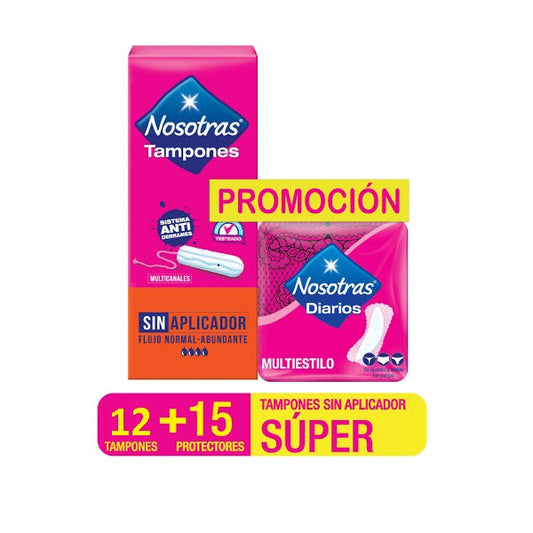 Tampon Nosotras Super Sin Aplicador 12 Unidades + Protectores Higienicos Nosotras Multiestilo 15 Unidades Oferta