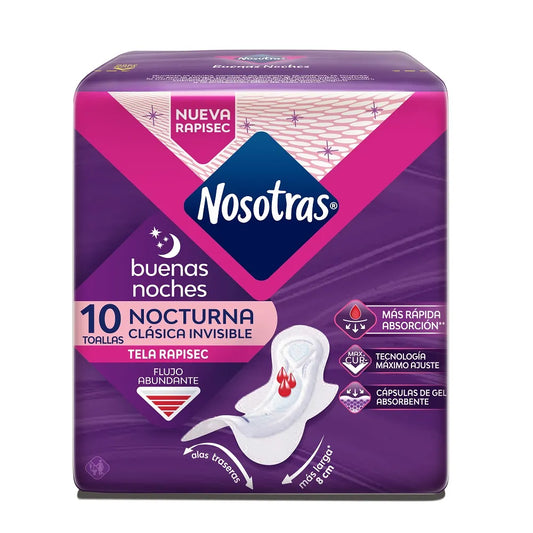 Toallas Higienicas Nosotras Nocturnas 10 Unidades Clasica Invisible Tela Rapisec
10 Unidades Clasica Invisible Tela Rapisec