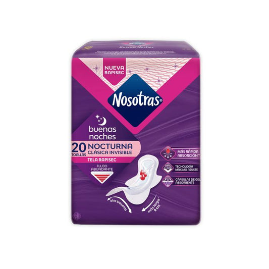 Toallas Higienicas Nosotras Nocturnas 20 Unidades Clasica Invisible Tela Rapisec